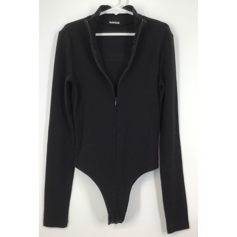 Talentless XS Black‎ Ribbed Mock Neck Half Zip Long Sleeve Bodysuit Snap Closure